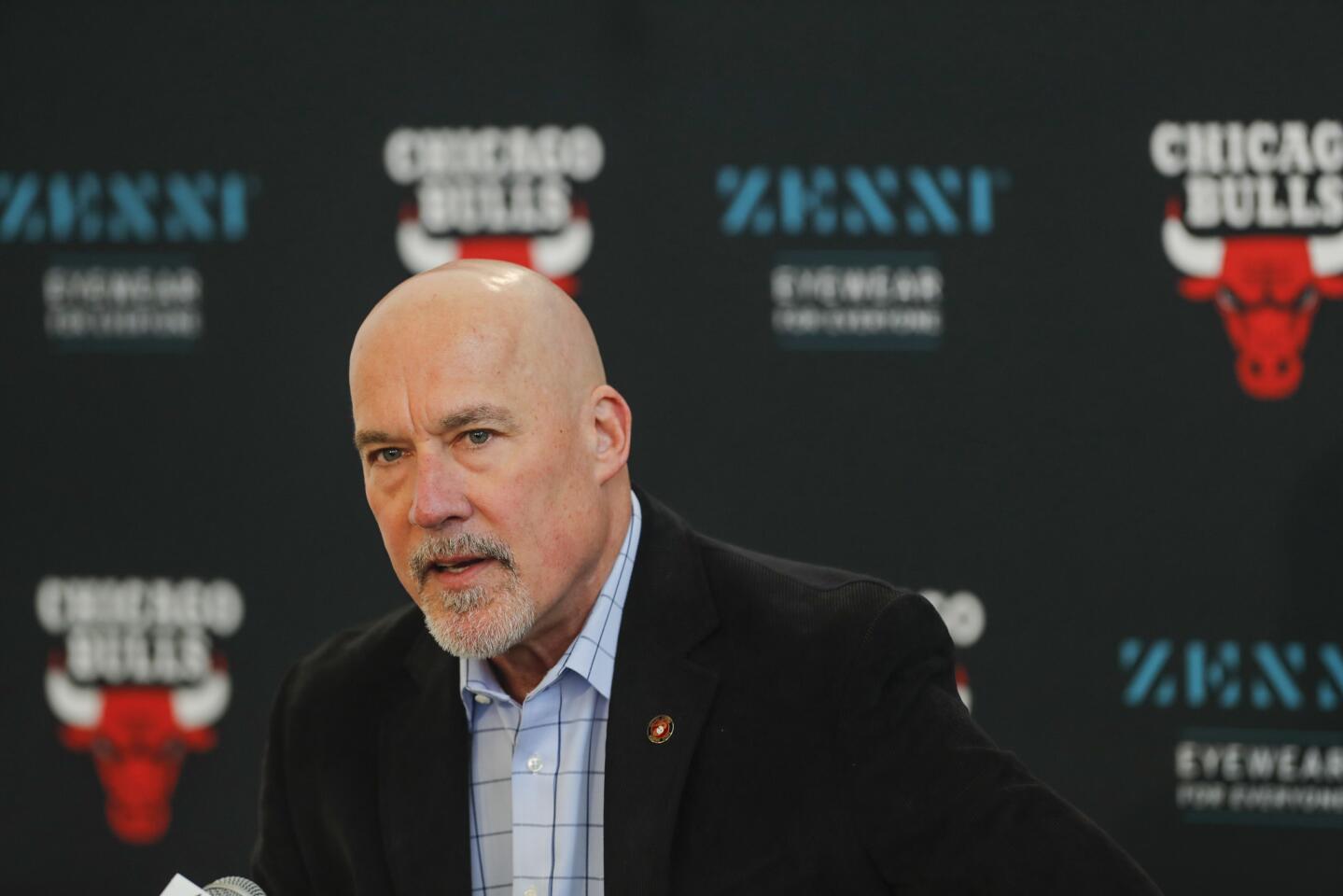 John Paxson, the Bulls' vice president of basketball operations, speaks at a news conference wrapping up the season on April 11, 2019, at the Advocate Center.