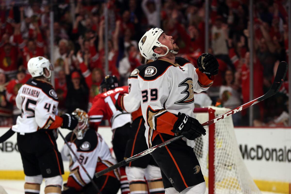 Ducks left wing Matt Beleskey (39) reacts after the Blackhawks' Patrick Kane (not shown) scored in the second period of Game 6 on Wednesday night in Chicago.