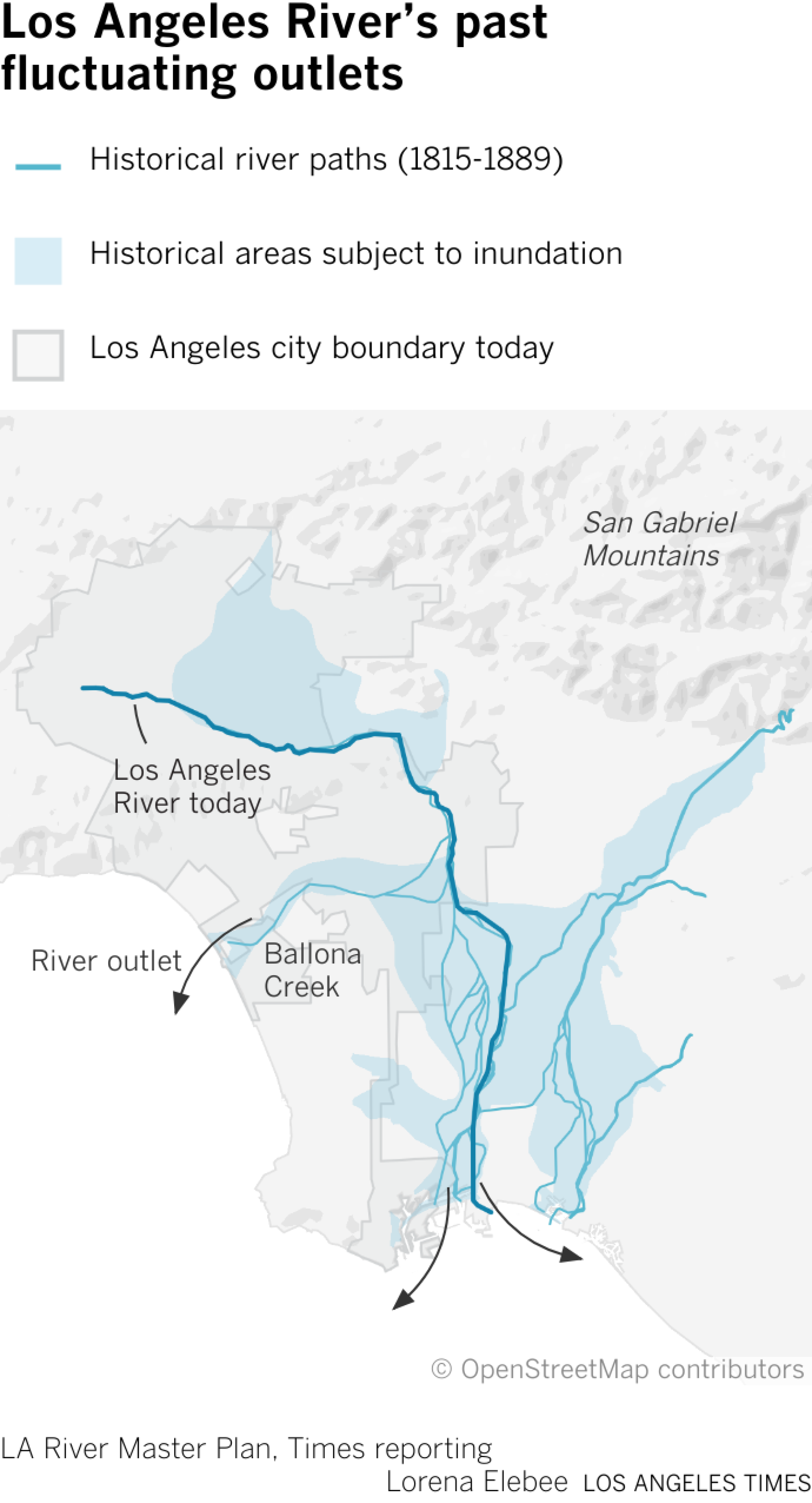 Map showing Los Angeles River's historical areas of inundation and river paths from 1815-1889.