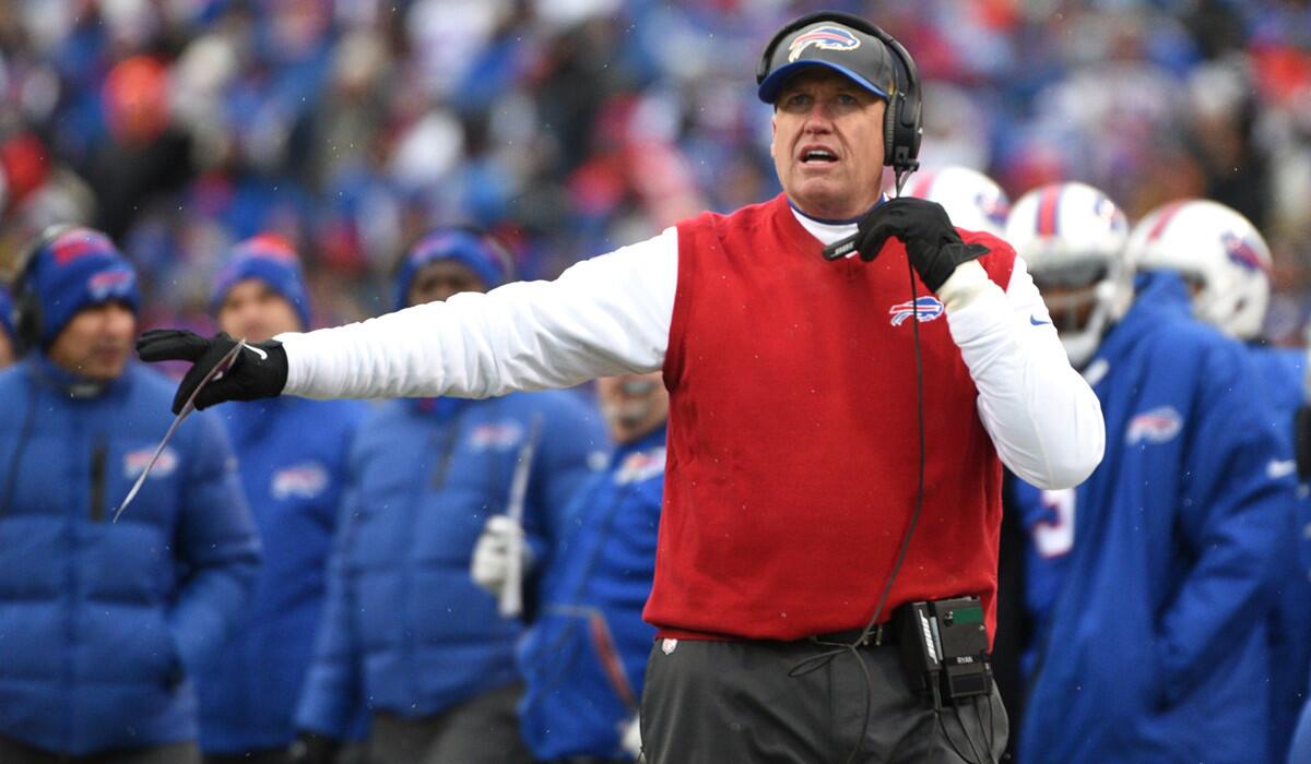 Buffalo Bills head coach Rex Ryan watches the clock during the first half against the New York Jets on Sunday.