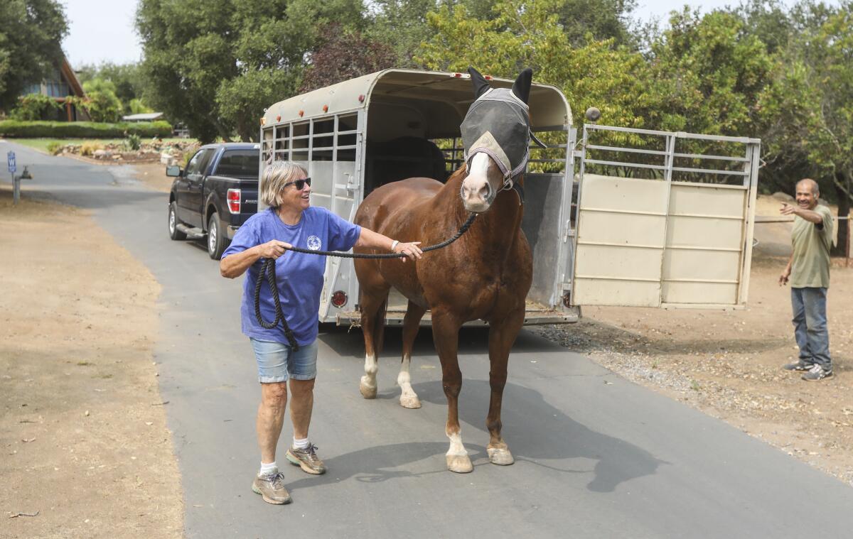 Pam Bryson and caretaker Salvador Eguiarte unload Bryson's horse during the Valley Fire Sept. 10, 2020.