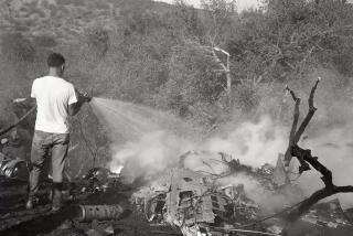 The flaming wreckage of a F3H Demon jet from Miramar Naval Air Station was strewn across San Clemente Canyon after a crash in San Diego, California, on December 4, 1959. The pilot, Navy Ens. Albert Joe Hickman, 21, of Sioux City, Iowa, died in the crash roughly 200 yards from Nathaniel Hawthorne Elementary School in Clairemont.