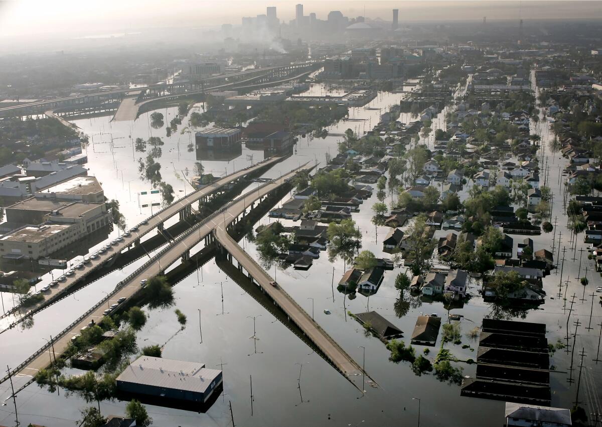 In 2005, floodwaters from Hurricane Katrina inundate New Orleans. The most destructive U.S. hurricanes are increasing in frequency, a new study says.