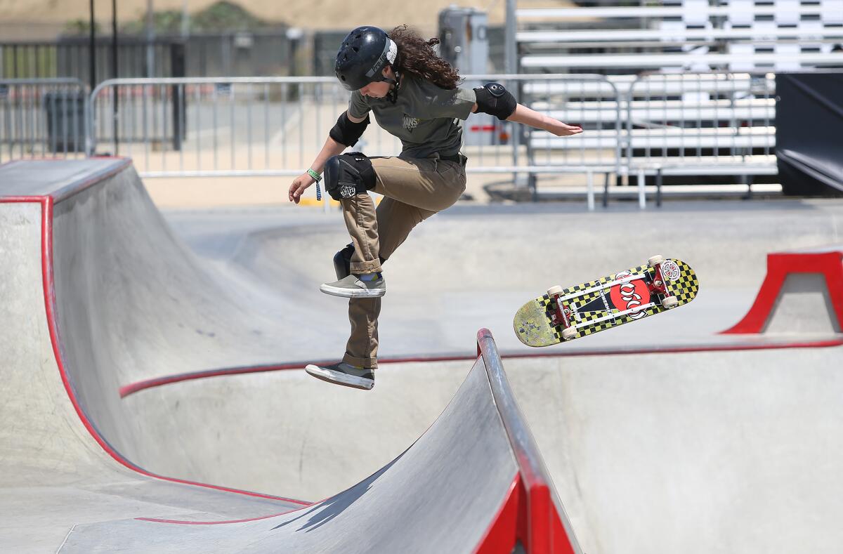 Jordan Santana, who placed second, competes Friday in the women's division of the 2019 Vans Park Series Americas Regional Championships at Vans Off the Wall Skatepark in Huntington Beach.