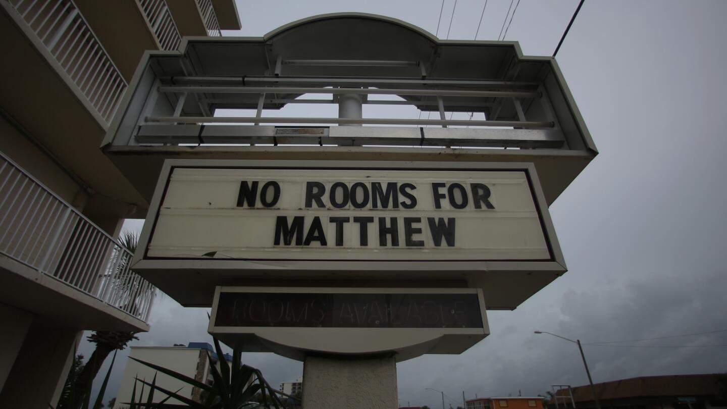 A beachside hotel in Daytona Beach, Fla., informs travelers that no rooms are available prior to the arrival of Hurricane Matthew on Oct. 6, 2016.
