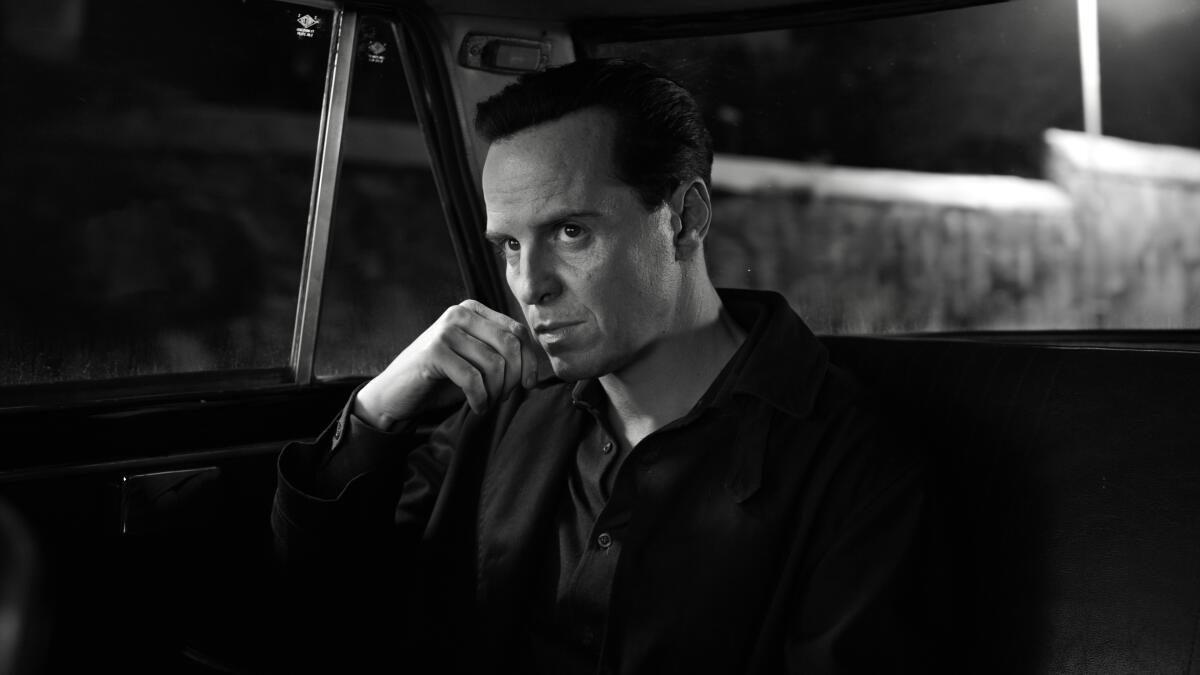 A black-and-white close up of Andrew Scott as Tom Ripley.