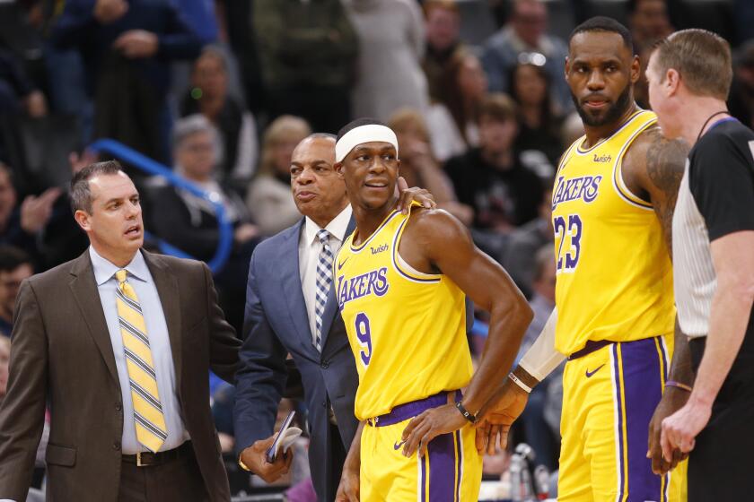 Los Angeles Lakers guard Rajon Rondo (9) is ejected during the second half of the team's NBA basketball game against the Oklahoma City Thunder on Friday, Nov. 22, 2019, in Oklahoma City. (AP Photo/Sue Ogrocki)