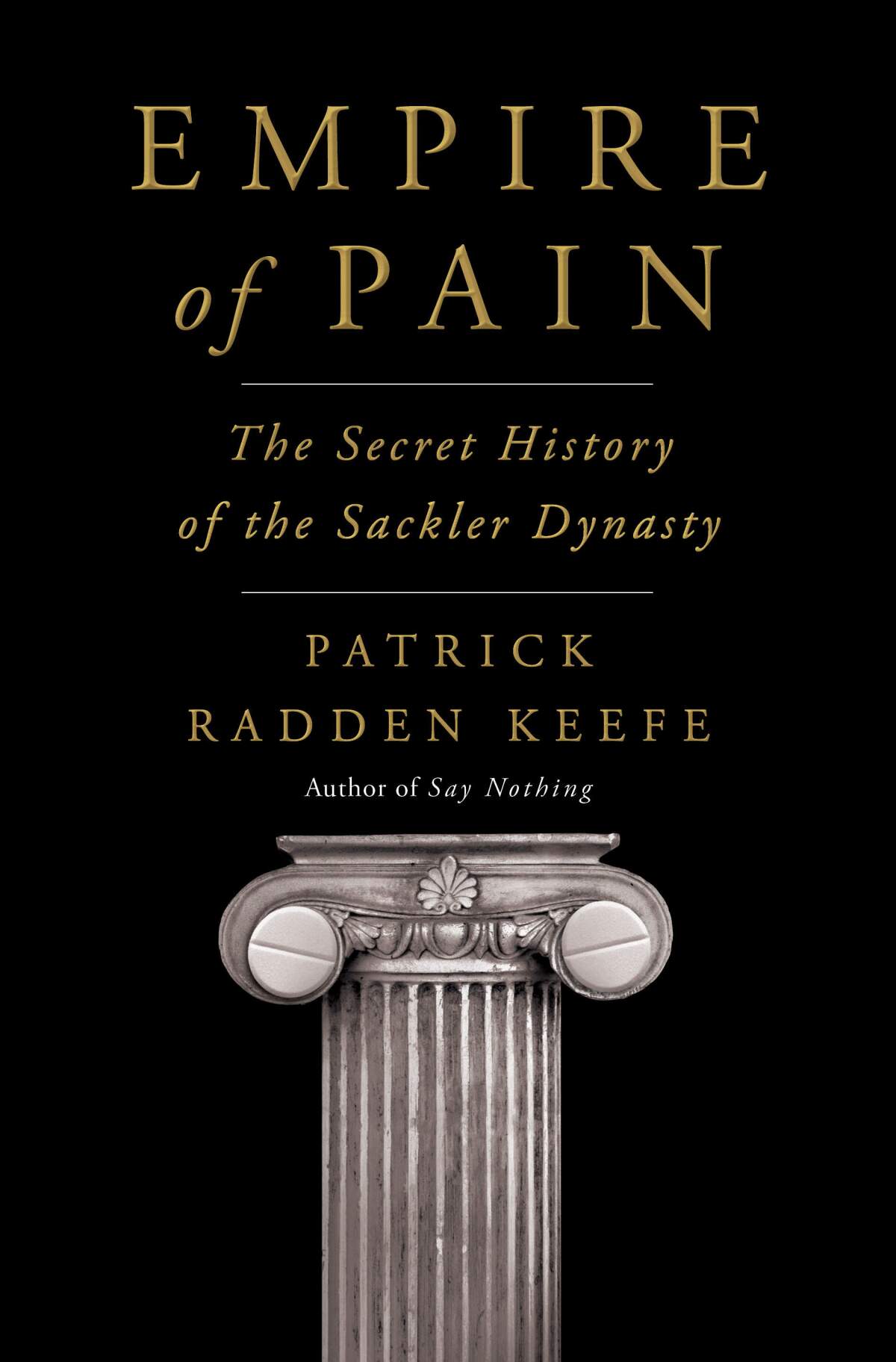 A book jacket showing an Ionic column with two pills in the scrolls