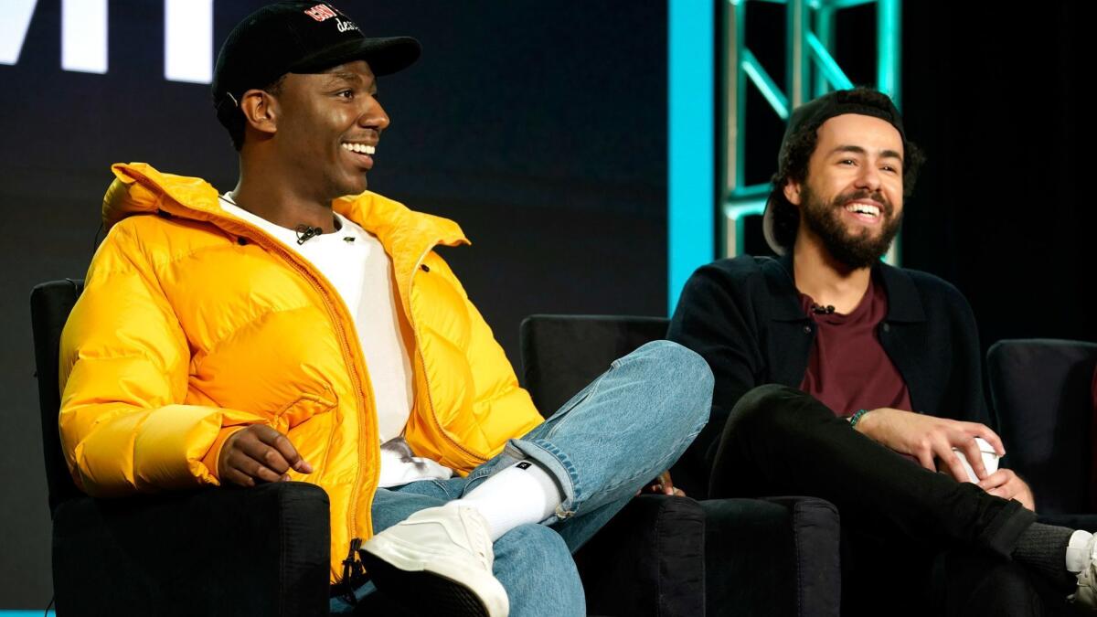 Jerrod Carmichael and Ramy Youssef of "Ramy" onstage during Hulu's presentation at the TCAs Monday.