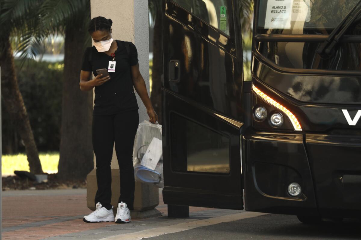 Traveling nurses are staying at numerous hotels around Mc Allen, Texas and take buses to local hospital to work.