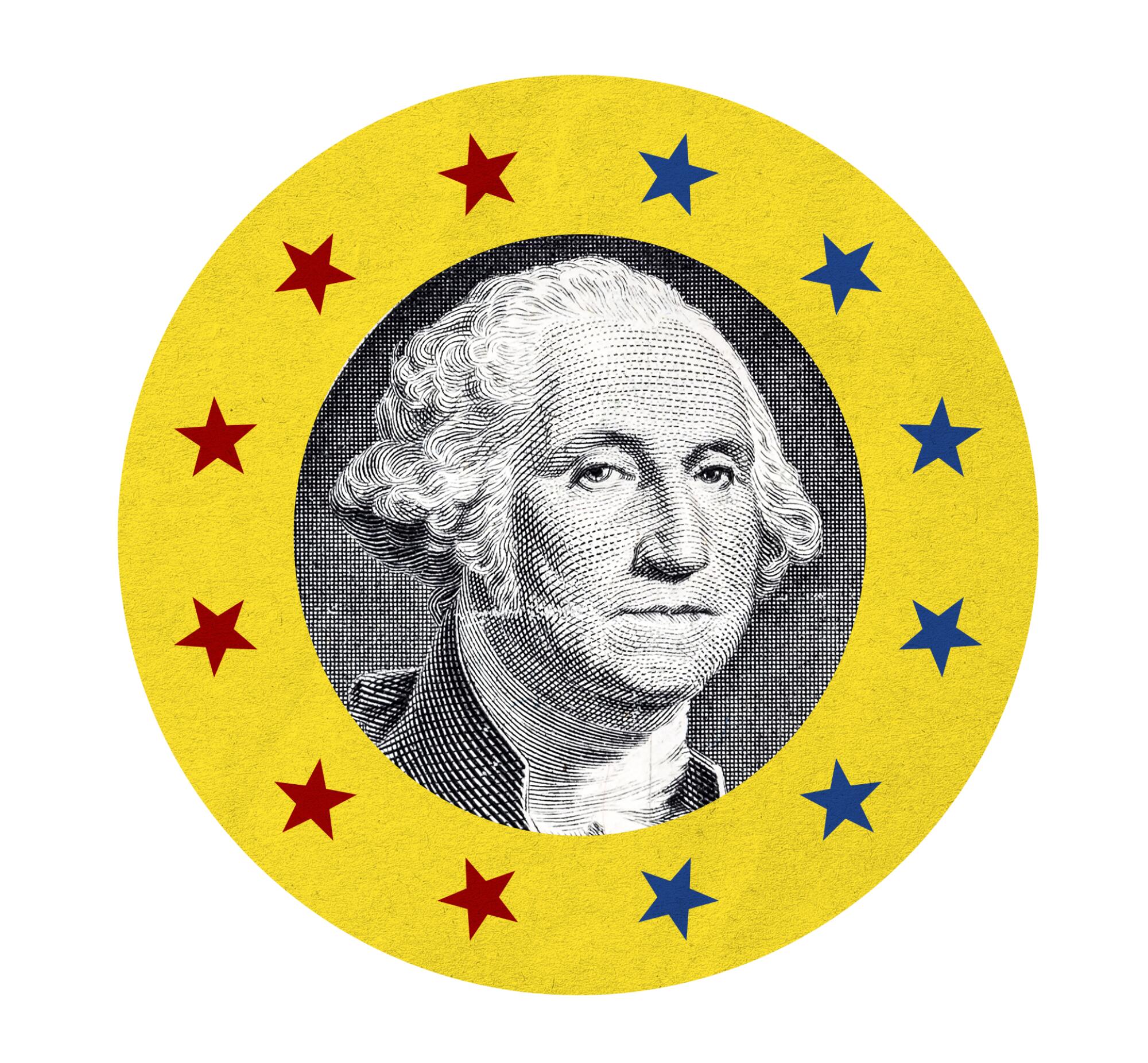 close up of George Washington on the dollar bill in a yellow circle with stars
