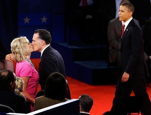 Mitt Romney kisses his wife, Ann, at the end of his second debate with President Obama, at Hofstra University in Hempstead, N.Y.