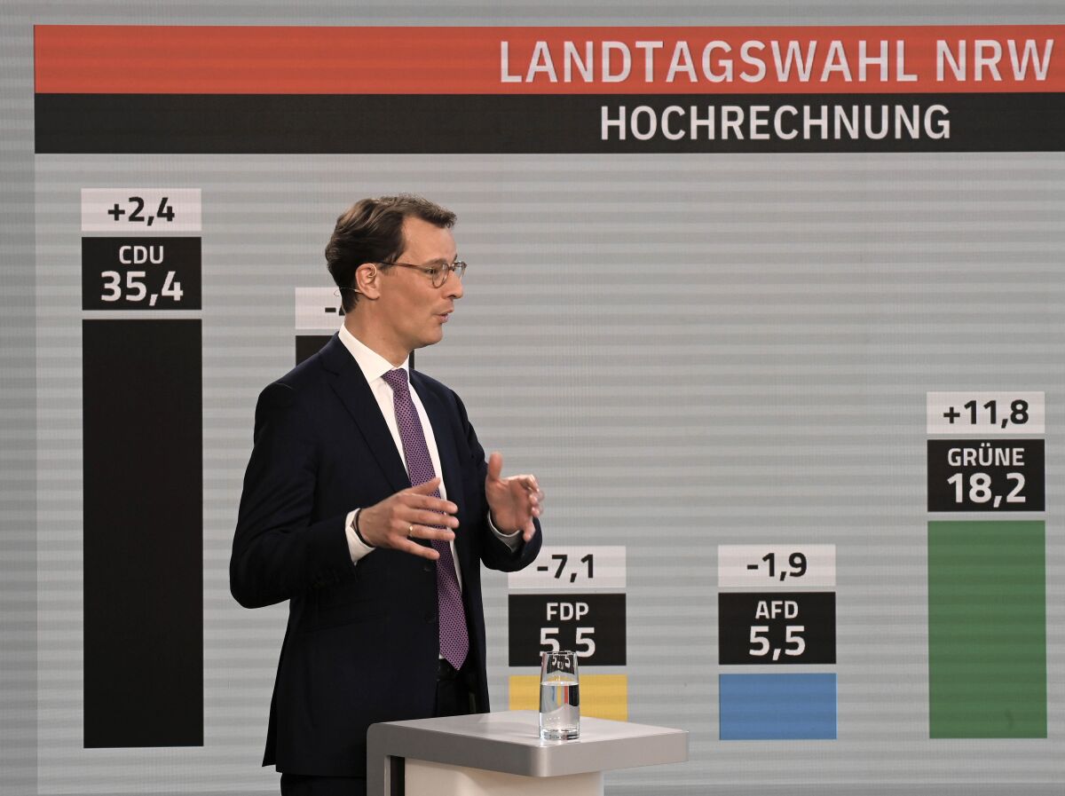 Hendrik Wuest, the former NRW Minister President and CDU top candidate for the state election in North Rhine-Westphalia, speaks in a TV studio in the state parliament on the evening of the state election in North Rhine-Westphalia, Germany, Sunday, May 15, 2022. Voters backed the incumbent conservative governor and dealt a blow to Chancellor Olaf Scholz’s Social Democrats on Sunday in Germany’s most populous state, projections based on partial counts showed. (Boris Roessler/dpa via AP)