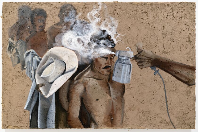 A 2019 painting by Rafa Esparza shows Mexican immigrant laborers being sprayed with DDT at the border. It is inspired by a photograph made by Leonard Nadel in 1956. The full title of the work is "Border Wash: Mexican immigrant laborers sprayed with DDT at processing center in Hidalgo,Texas—after Leonard Nadel, 1956," 2019, acrylic on adobe panel (local dirt, horse dung, hay, Hoosic River water, chain-link fence, plywood). It is part of the exhibition "Rafa Esparza: Staring at the Sun" at MASS MoCA, on view through Dec. 2019