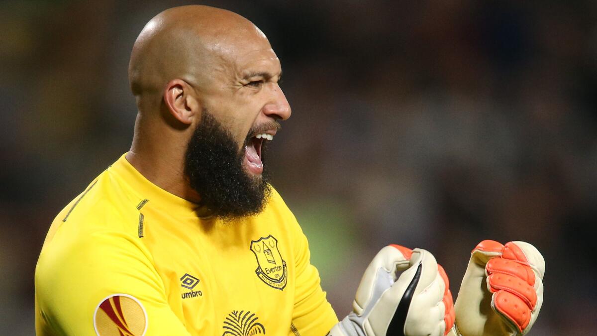 American goalkeeper Tim Howard plays for Everton in a Europa League match against Krasnodar on Oct. 2.