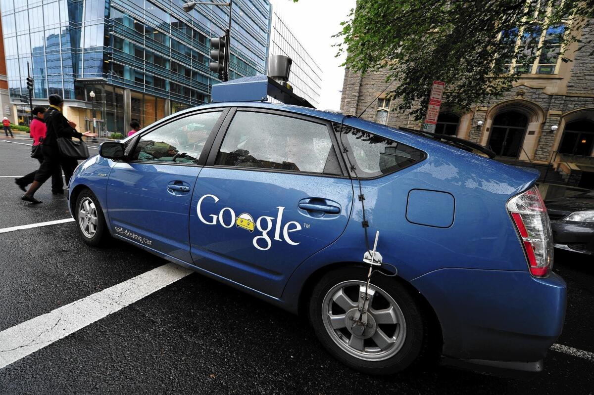 The Google self–driving car maneuvers through the streets of Washington, D.C., in 2012. The company has a fleet of them cruising Bay Area roads, and last year it ran a demonstration in which a local resident got behind the wheel of a Prius, went to lunch and picked up his dry cleaning without having to touch the controls. Oh, and he was blind.