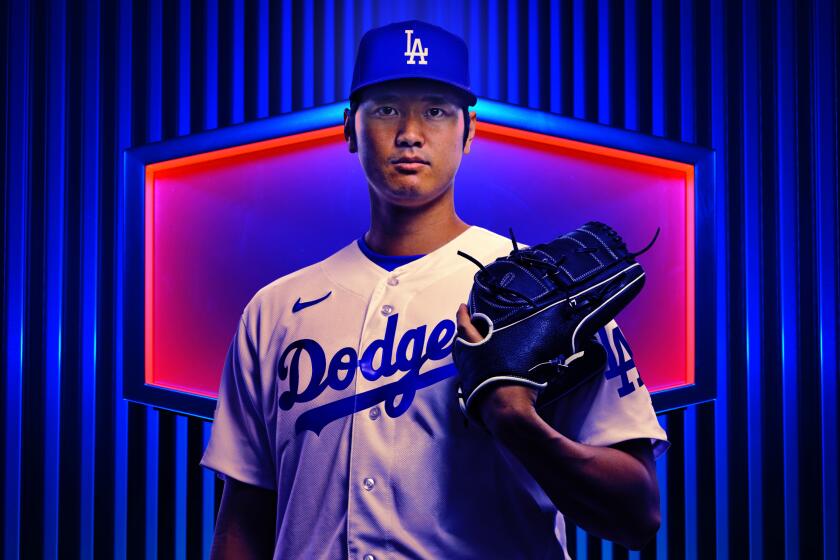 An illustration of Shohei Ohtani holding up his glove and wearing a Dodgers uniform