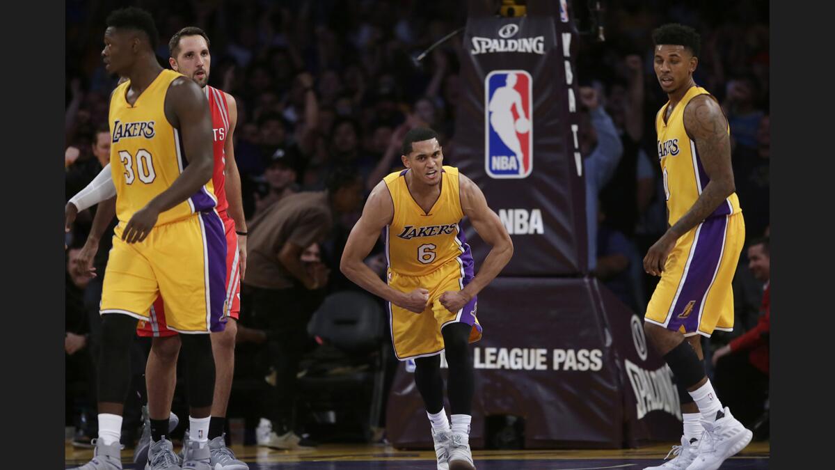Lakers guard Jordan Clarkson (6) reacts after making a shot late in the game against the Houston Rockets at Staples Center on Wednesday.