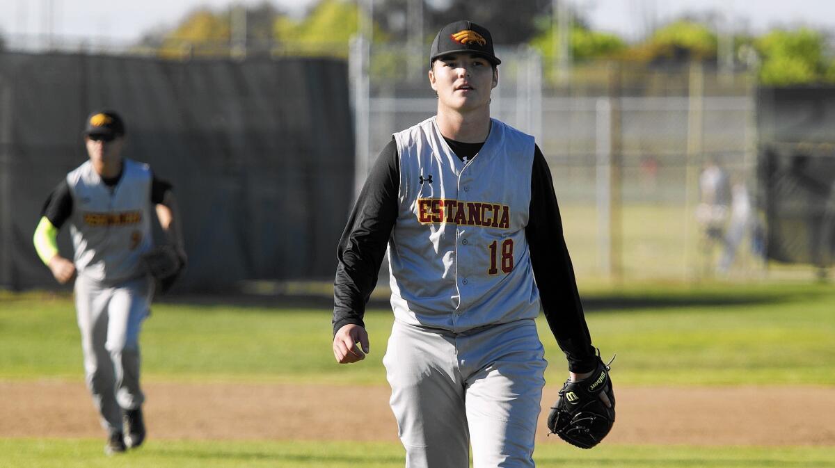 Estancia High senior pitcher Connor Brown (18) struck out 10 and allowed four hits in his complete-game win over rival Costa Mesa.