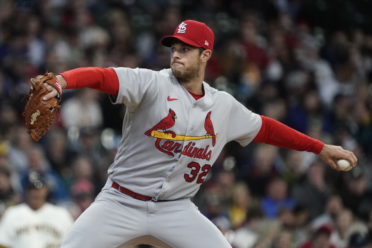 St. Louis Cardinals starting pitcher Steven Matz throws during the first inning of a baseball game against the Milwaukee Brewers Saturday, April 16, 2022, in Milwaukee. (AP Photo/Morry Gash)