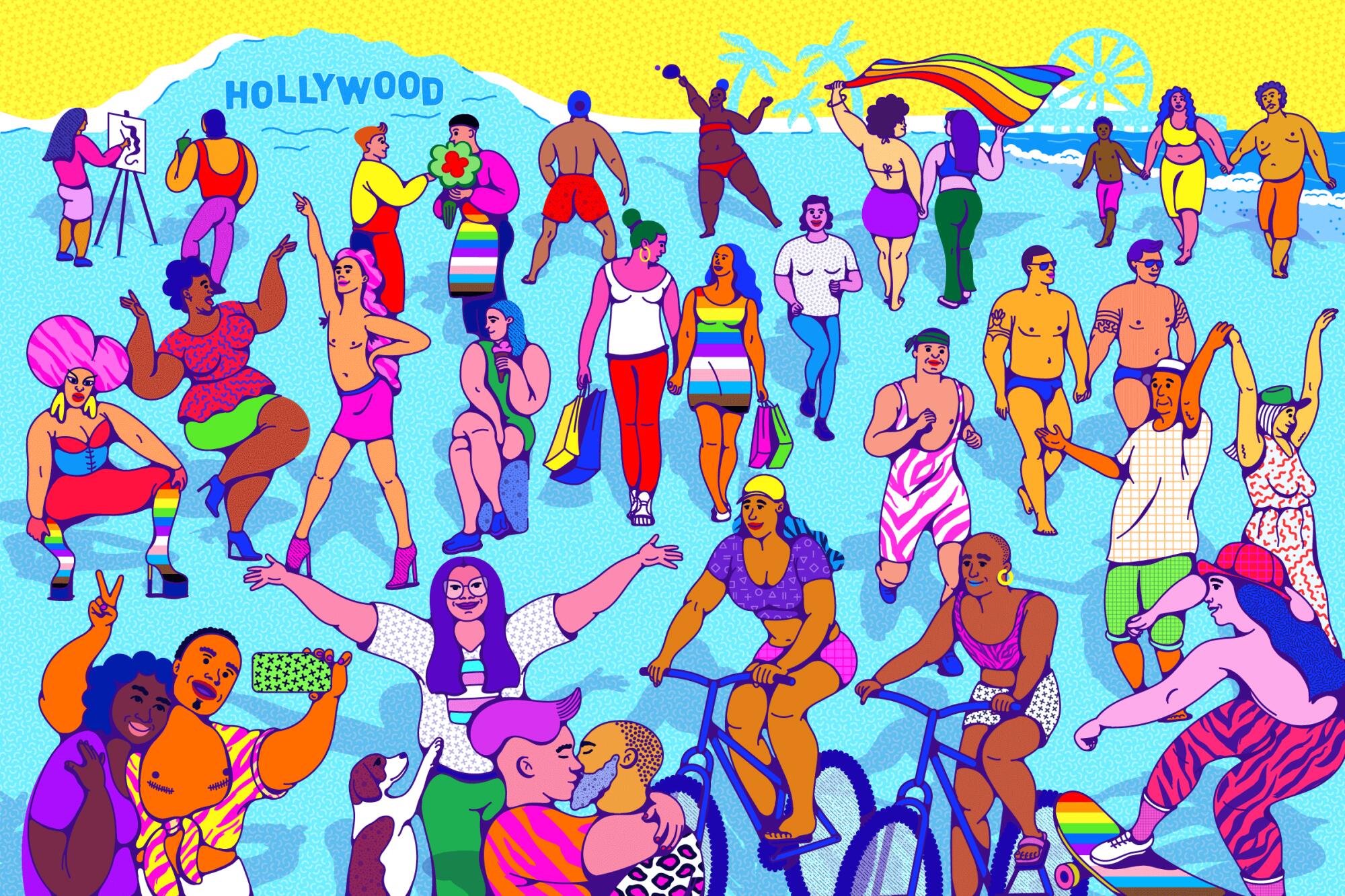 An illustration of diverse people, families, in various activities, wearing colorful outfits with landmarks in the distance.