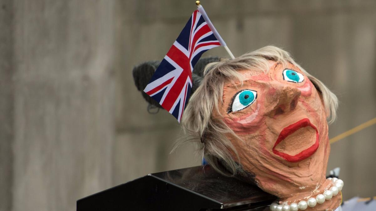 An effigy of British Prime Minister Theresa May used by anti-Brexit protesters in a demonstration on Whitehall opposite Downing Street in London on March 29, 2017.