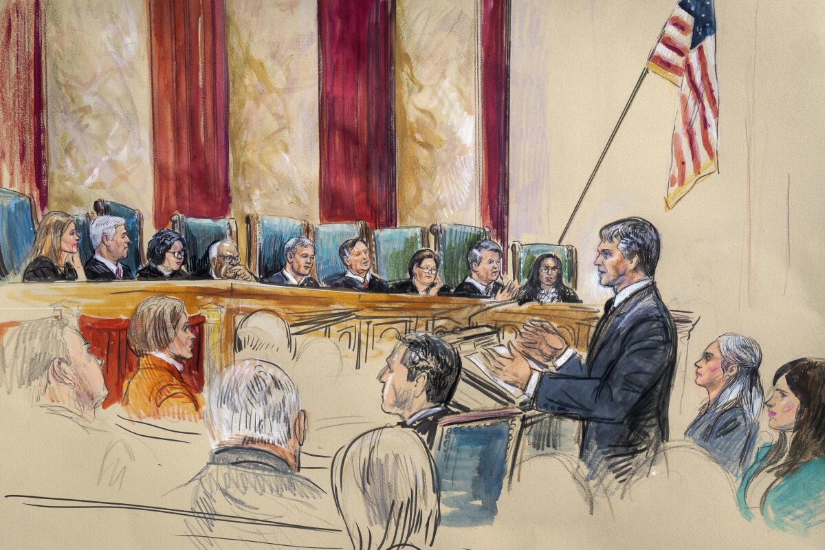 A sketch depicts a lawyer arguing before the U.S. Supreme Court.