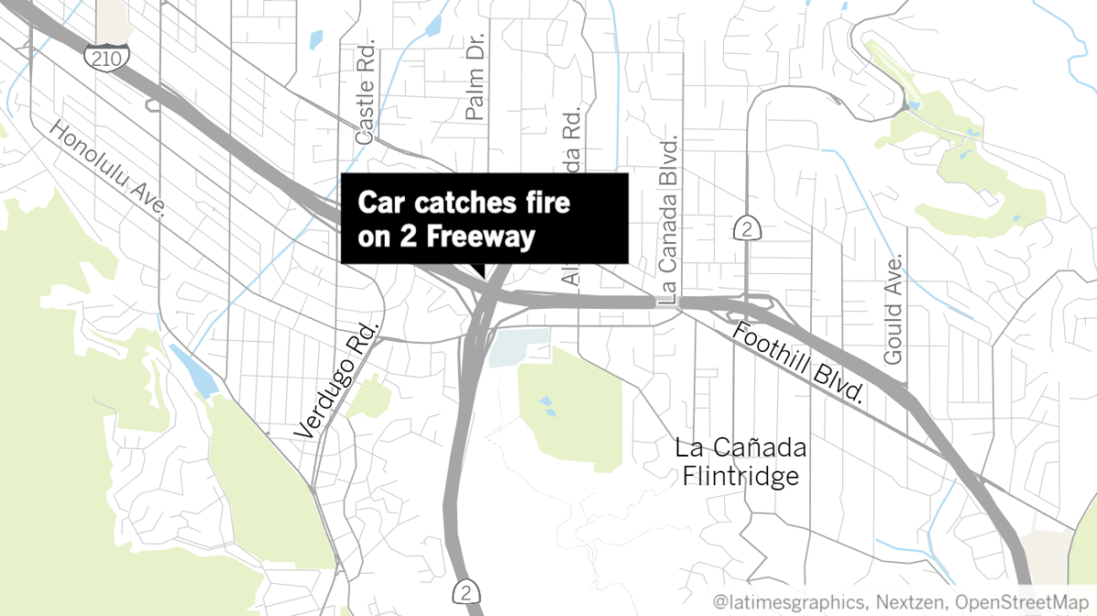 A car caught fire on the northbound 2 Freeway near the westbound 210 Freeway in La Cañada Flintridge on Wednesday morning.