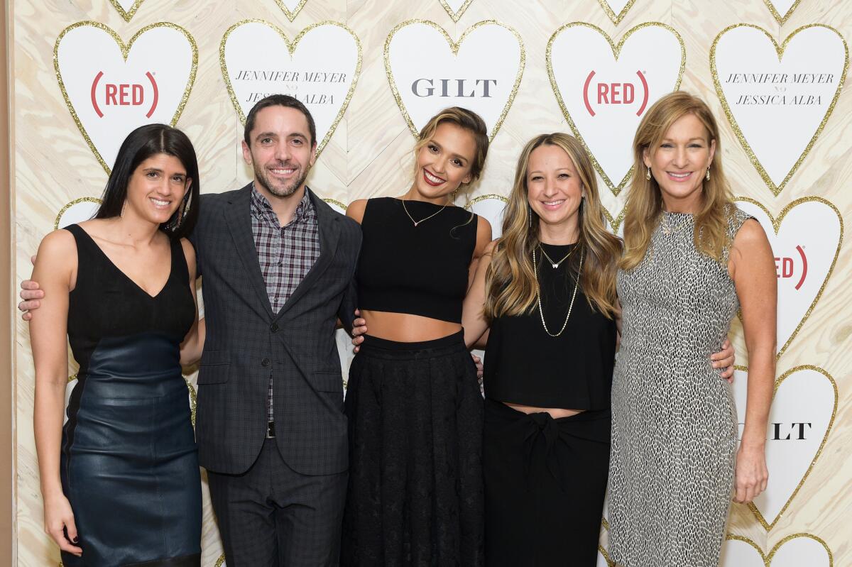 Tracey Lomrantz Lester, Zach Overton, Jessica Alba, Jennifer Meyer and Deborah Dugan attend Tuesday's launch in West Hollywood for Alba and Meyer's necklace collection, the proceeds of which will benefit a charity helping pregnant women with HIV.