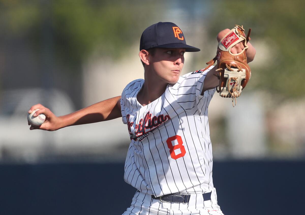 Pacifica Christian starting pitcher Jon Stone throws against San Bernardino on Tuesday during the Division 8 semifinals.