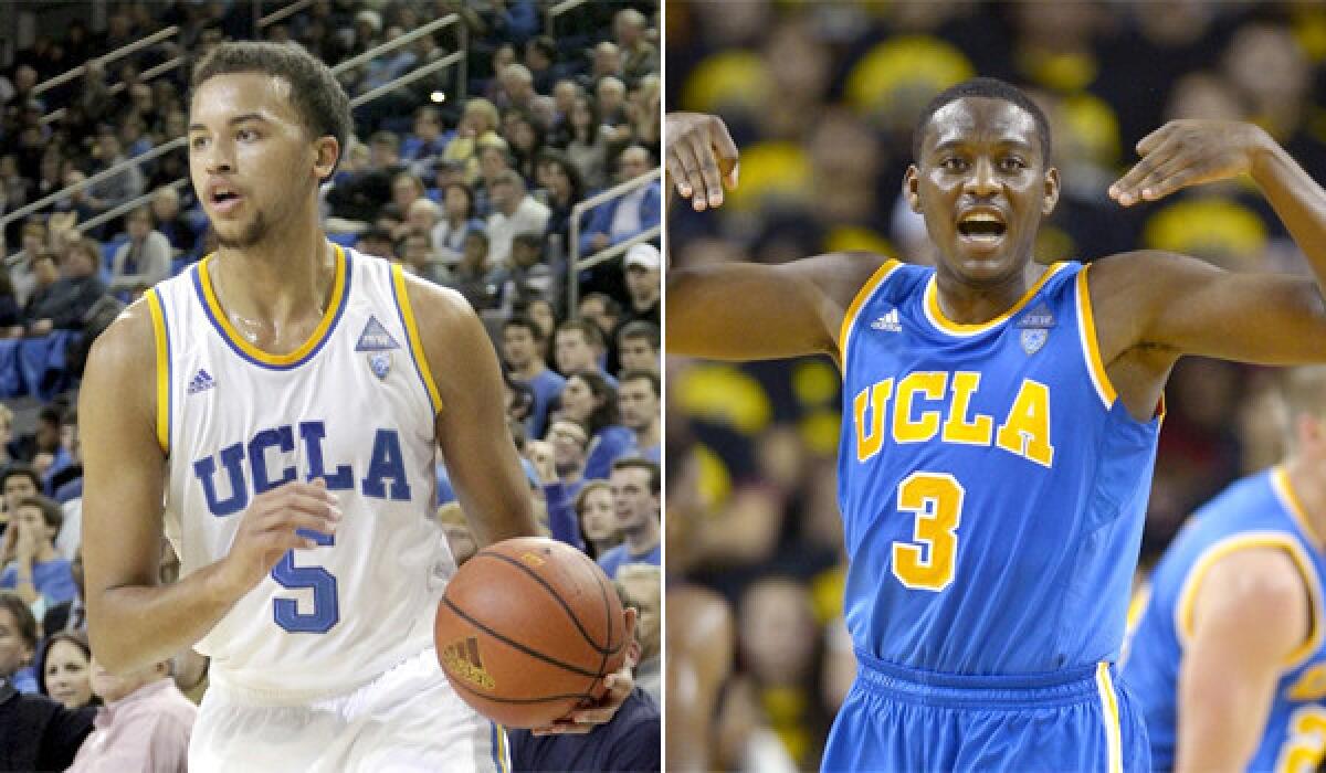 UCLA guards Kyle Anderson, left, and Jordan Adams were suspended for one game for violating unspecified team rules.