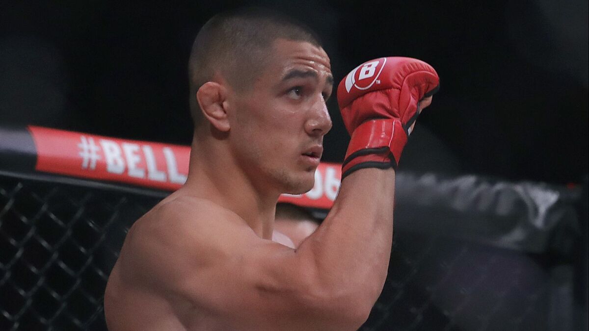 Aaron Pico is introduced before fighting Leandro Higo during a featherweight mixed martial arts fight at Bellator 206.