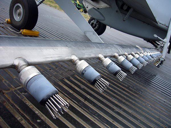The planes carry glyphosate, or Roundup, which is released through dozens of nozzles.