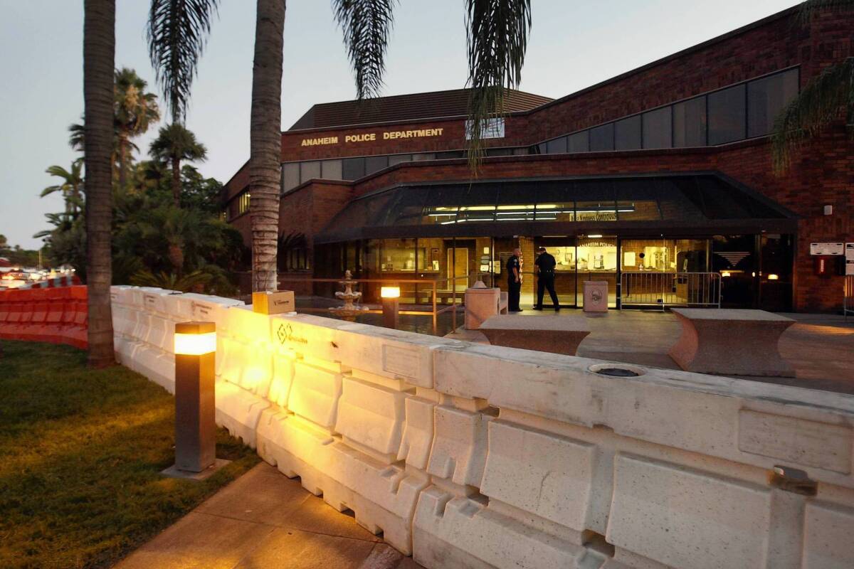 Barricades are in place outside the Anaheim Police Department after two fatal officer-involved shootings last weekend prompted days of protests. More demonstrations are expected this weekend.