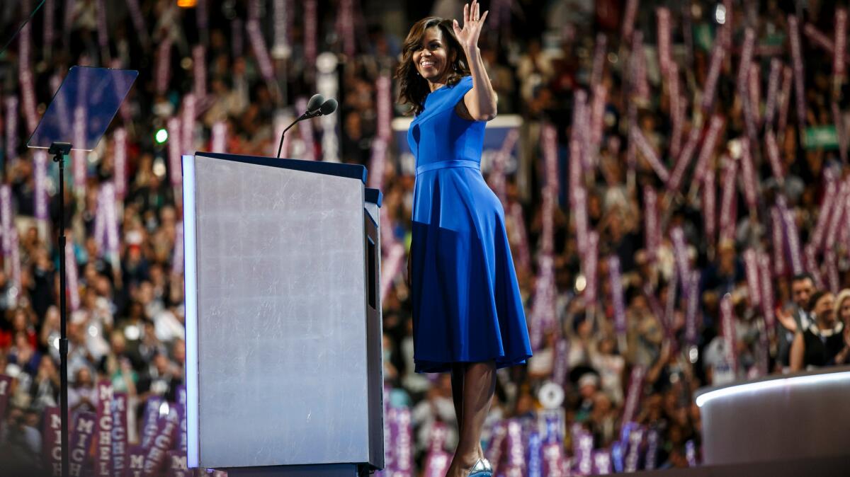 For her Democratic National Convention speech in Philadelphia on July 25, First Lady Michelle Obama chose a cobalt blue custom-made dress by Christian Siriano.