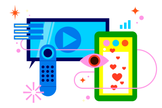 Illustration showing television screen, remote control, an eye, a phone with social media app and live stream reactions