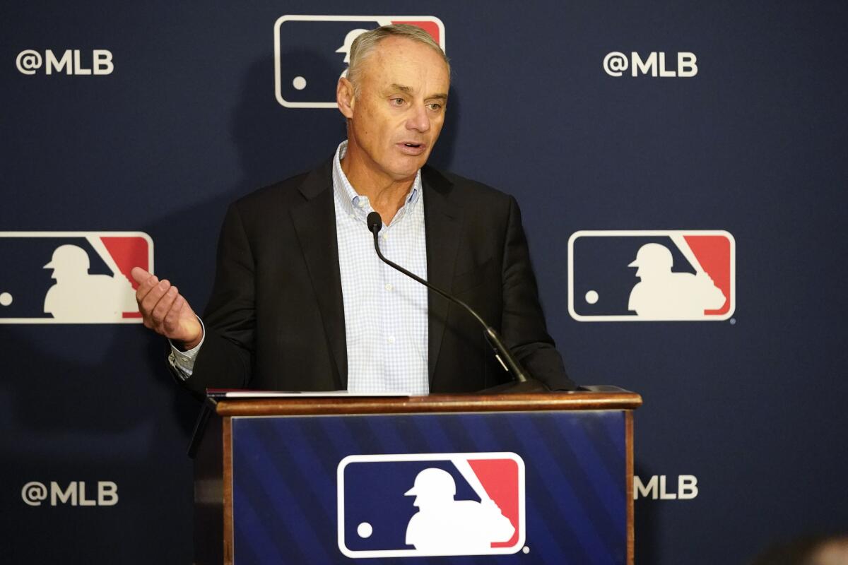 MLB commissioner Rob Manfred speaks during a news conference in January.