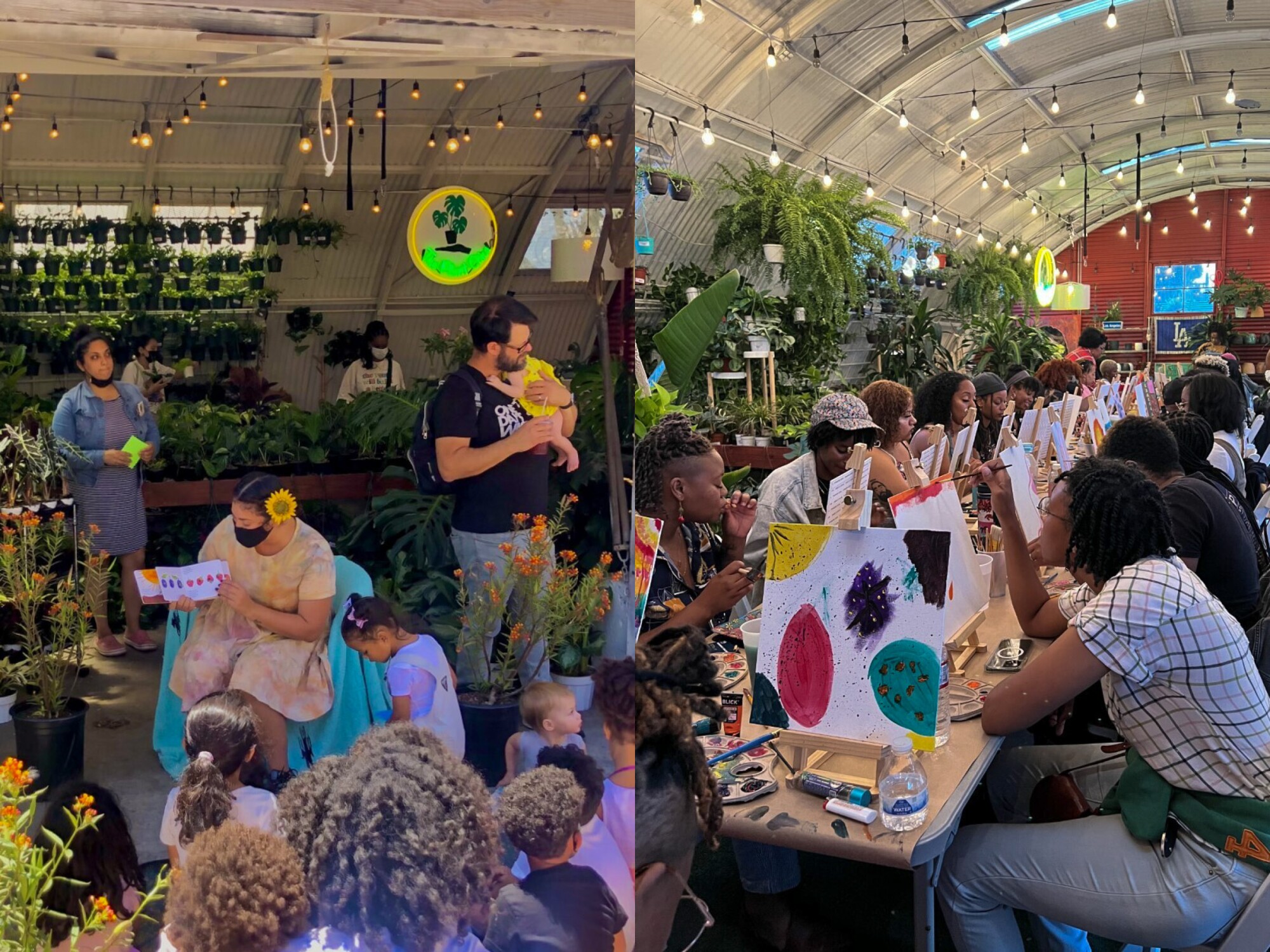 Two photos side by side, of people reading storybooks outside, left, and people painting at a table inside, right.