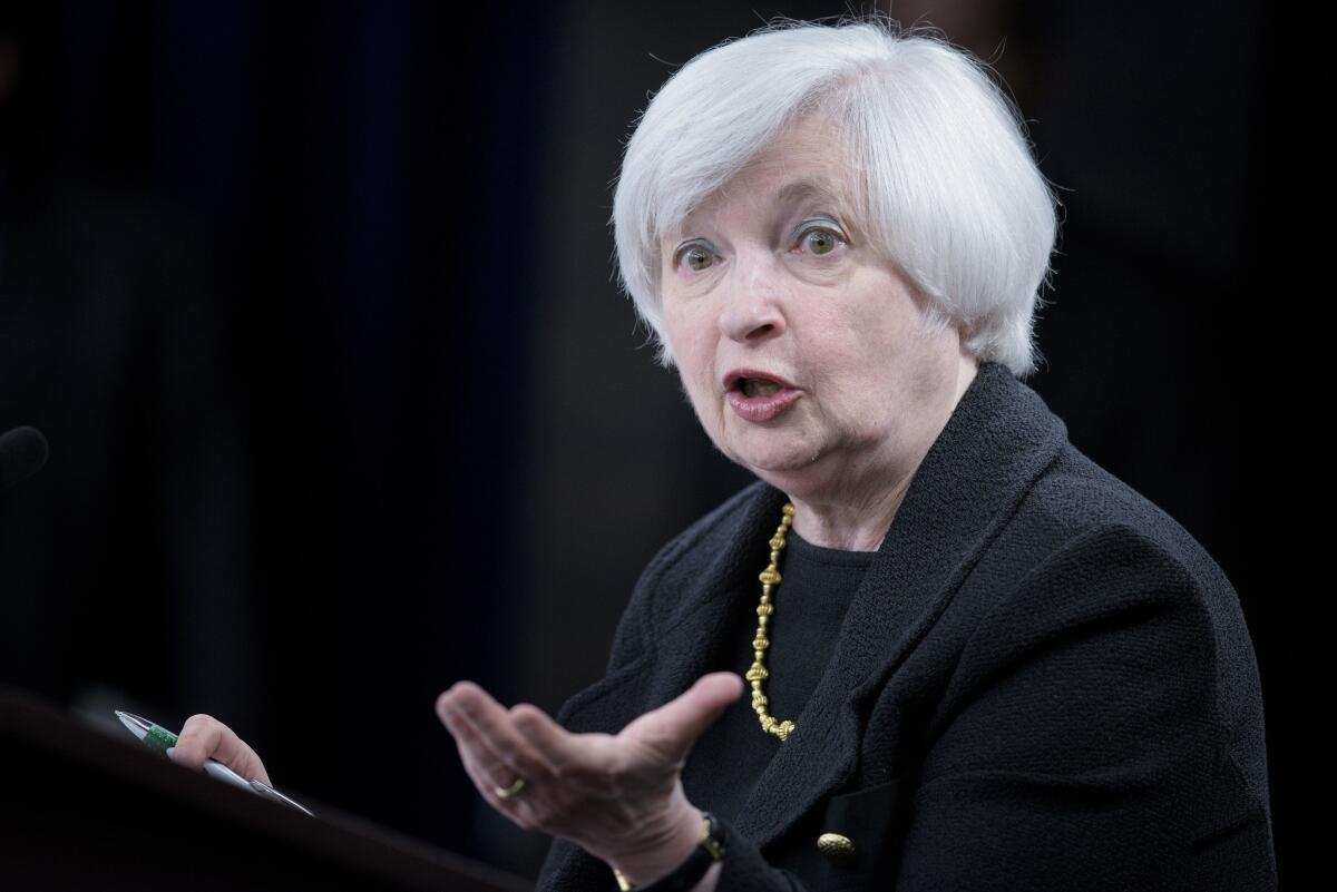 Federal Reserve Chairwoman Janet L. Yellen speaks during a news conference Thursday in Washington.
