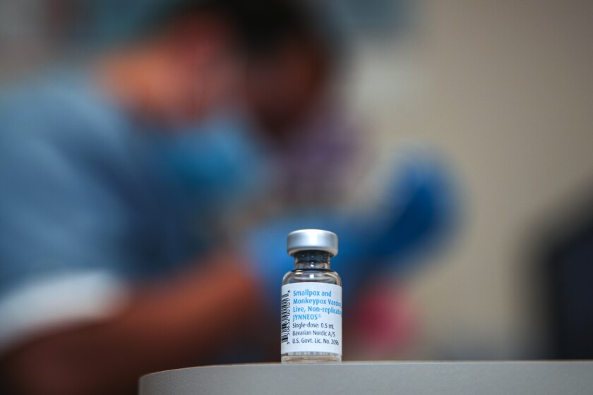 A vial of monkeypox vaccine at a St. John's Community Health site in Los Angeles.