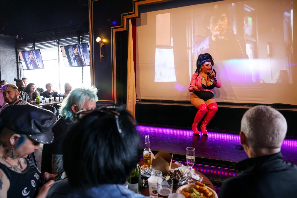 A crowd watches a drag performance at Redline in downtown on May 30, 2021, in Los Angeles.