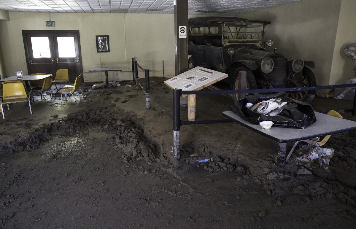 A photo taken a month after the October 2015 floods shows a foot-thick layer of mud in the visitor center garage area at Scotty's Castle.