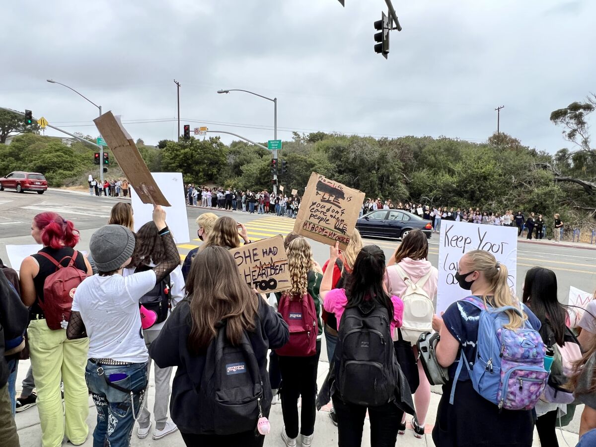 About 250 La Jolla High School students protested against potential abortion bans May 19.