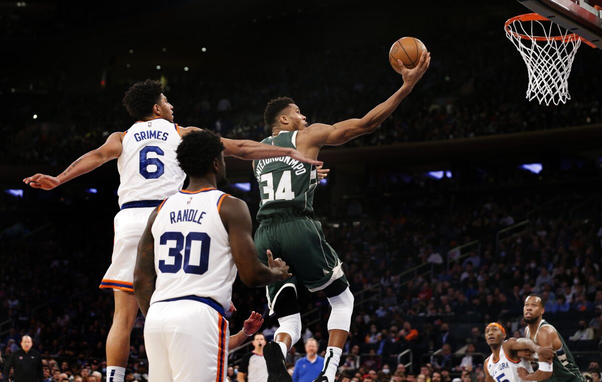 Milwaukee Bucks forward Giannis Antetokounmpo (34) drives to the basket against New York Knicks guard Quentin Grimes (6) and forward Julius Randle (30) during the second half of an NBA basketball game in New York, Sunday, Dec. 12, 2021. (AP Photo/Noah K. Murray)