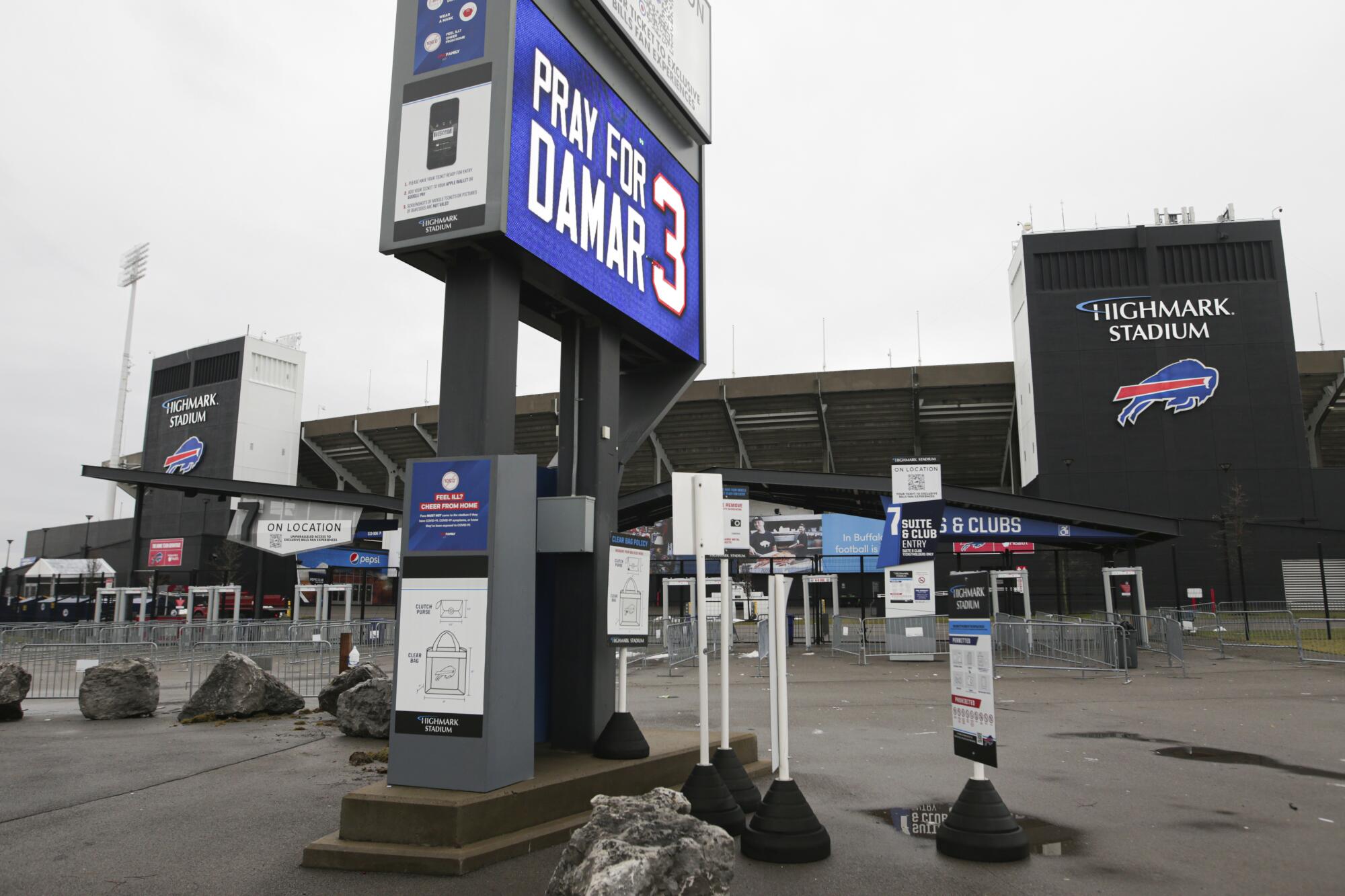 A sign shows support for Buffalo Bills safety Damar Hamlin outside Highmark Stadium on Wednesday in Orchard Park, N.Y.