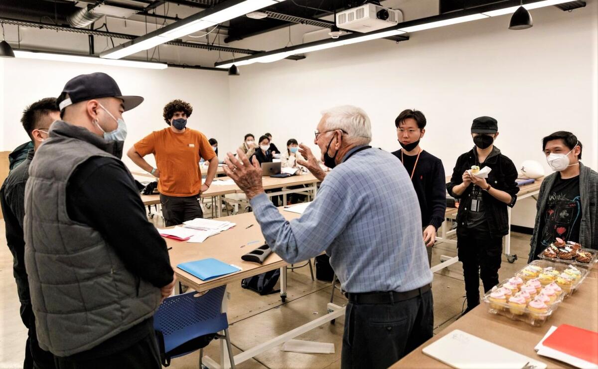 Bob Schureman Monday with students enrolled in his Material & Methods class at ArtCenter College of Design in Pasadena.