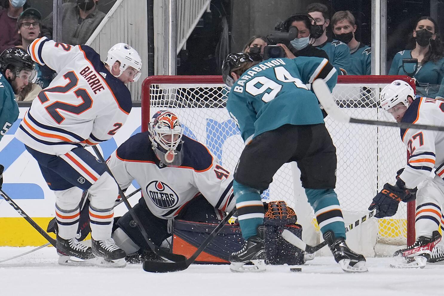 Edmonton Oilers goalie Mike Smith lets in goal from Colorado