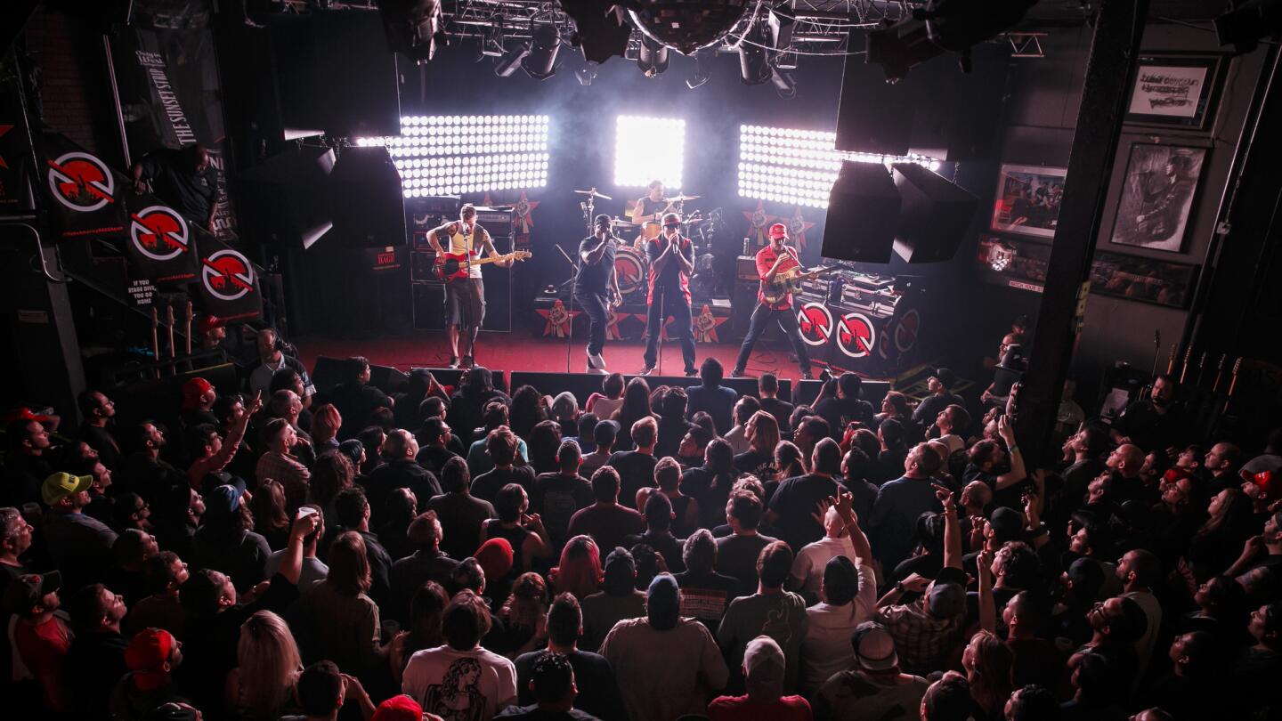 Prophets of Rage, Tim Commerford on bass, from left, Chuck D on vocals, Brad Wilk on drums, B-Real on vocals and Tom Morello on guitar, perform at Whisky a Go Go, in West Hollywood.