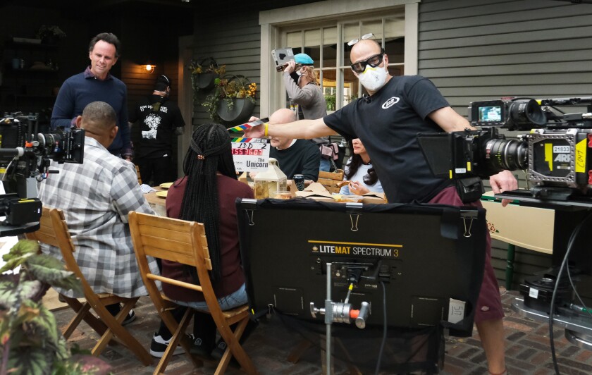 Behind the scenes on the set of "The Unicorn" on CBS shot in January 2021.