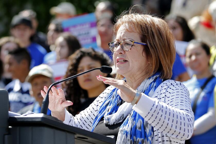 FILE - In this May 20, 2019, photo, state Sen. Maria Elena Durazo, D-Los Angeles, addresses a gathering in Sacramento, Calif. California would have what proponents call the nation's most sweeping law sealing criminal records if Gov. Gavin Newsom signs legislation approved by state legislators. The bill approved Thursday, Aug. 18, 2022 would automatically seal conviction and arrest records for most ex-offenders who are not convicted of another felony for four years after completing their sentences and any parole or probation. Durazo, the bill's author, said in a statement that the lingering criminal records available through background checks create "a permanent underclass." (AP Photo/Rich Pedroncelli, File)